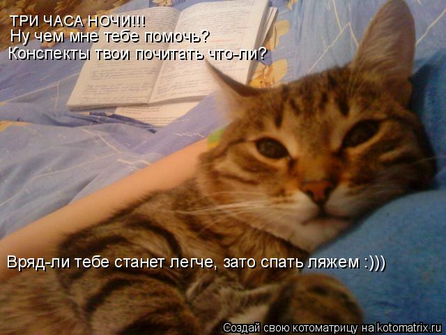 Котоматрица: ТРИ ЧАСА НОЧИ!!! Вряд-ли тебе станет легче, зато спать ляжем :))) Ну чем мне тебе помочь? Конспекты твои почитать что-ли?