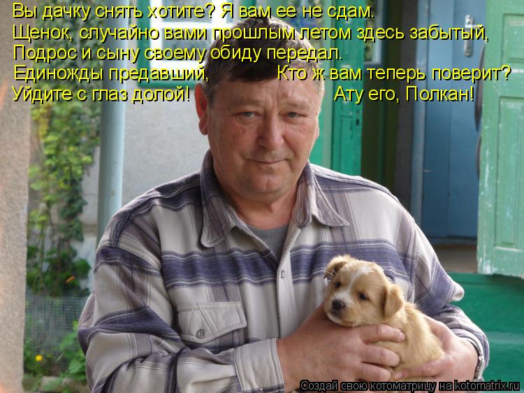 Котоматрица: Вы дачку снять хотите? Я вам ее не сдам.  Щенок, случайно вами прошлым летом здесь забытый,  Подрос и сыну своему обиду передал. Уйдите с глаз 