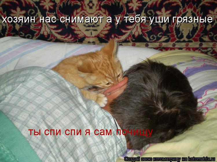 хозяин нас снимают а у тебя уши грязные ты спи спи я сам почищу... Котоматрица: хозяин нас снимают а у тебя уши грязные ты спи спи я сам почищу