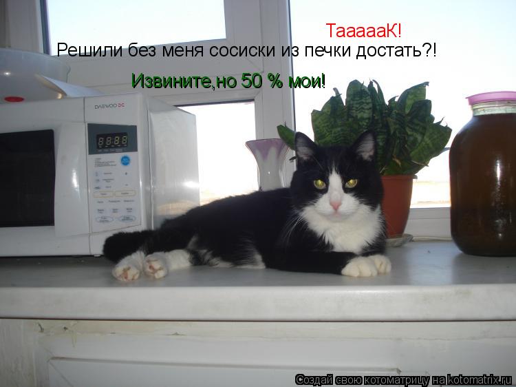Котоматрица: ТаааааК!  Извините,но 50 % мои! Решили без меня сосиски из печки достать?!