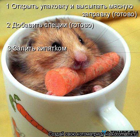 1 Открыть упаковку и высыпать мясную заправку (готово) 2 Добавить специи (готово) 3 Залить кипятком... Котоматрица: 1 Открыть упаковку и высыпать мясную заправку (готово) 2 Добавить специи (готово) 3 Залить кипятком