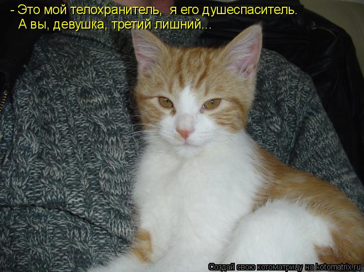 - Это мой телохранитель, я его душеспаситель. А вы, девушка, третий лишний...... Котоматрица: - Это мой телохранитель, я его душеспаситель. А вы, девушка, третий лишний...