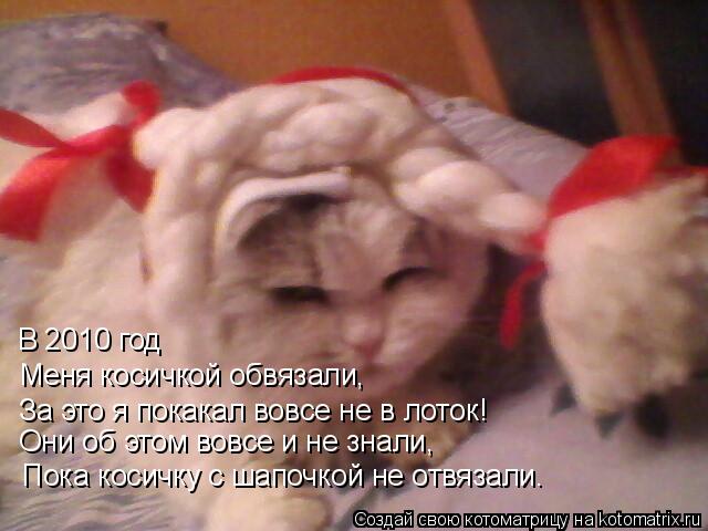 В 2010 год Меня косичкой обвязали, За это я покакал вовсе не в лоток! Они об этом вовсе и не знали, П... Котоматрица: В 2010 год Меня косичкой обвязали, За это я покакал вовсе не в лоток! Они об этом вовсе и не знали, Пока косичку с шапочкой не отвязали.