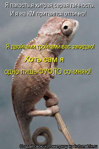 Я пакость,я хитрая,серая личность. И я на КМ притаился отлично! Я двойками,тройками вас закидаю! Хоть... Котоматрица: Я пакость,я хитрая,серая личность. И я на КМ притаился отлично! Я двойками,тройками вас закидаю! Хоть сам я одно лишь ФУФЛО сочиняю!