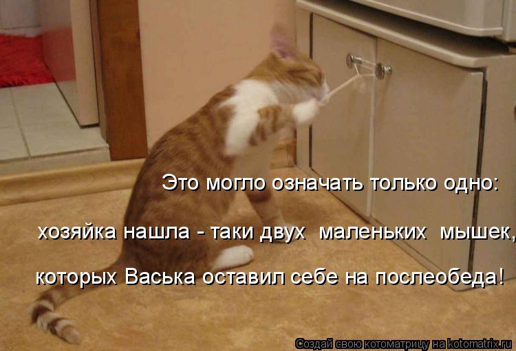 Это могло означать только одно: которых Васька оставил себе на послеобеда! хозяйка нашла - таки двух ... Котоматрица: Это могло означать только одно: которых Васька оставил себе на послеобеда! хозяйка нашла - таки двух маленьких мышек,