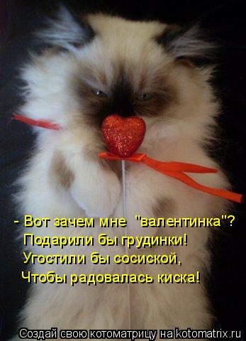 - Вот зачем мне "валентинка"? Подарили бы грудинки! Угостили бы сосиской, Чтобы радовалась киска!... Котоматрица: - Вот зачем мне "валентинка"? Подарили бы грудинки! Угостили бы сосиской, Чтобы радовалась киска!