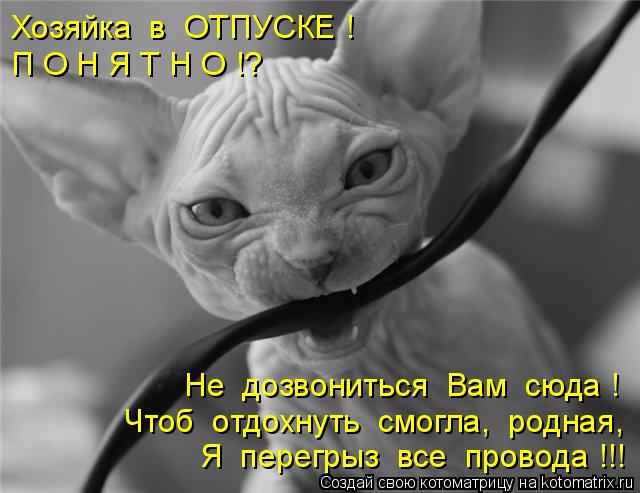 Хозяйка в ОТПУСКЕ ! П О Н Я Т Н О !? Чтоб отдохнуть смогла, родная, Не дозвониться Вам сюда !... Котоматрица: Хозяйка в ОТПУСКЕ ! П О Н Я Т Н О !? Чтоб отдохнуть смогла, родная, Не дозвониться Вам сюда ! Я перегрыз все провода !!!