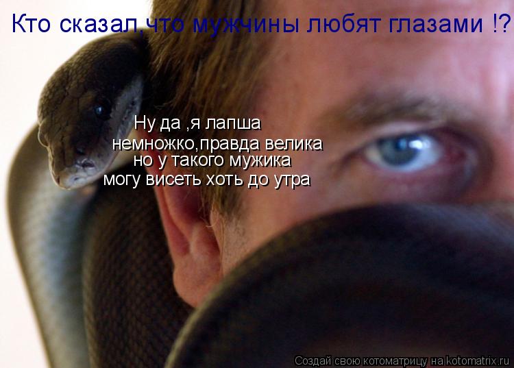 Котоматрица: Ну да ,я лапша  но у такого мужика могу висеть хоть до утра  немножко,правда велика Кто сказал,что мужчины любят глазами !?