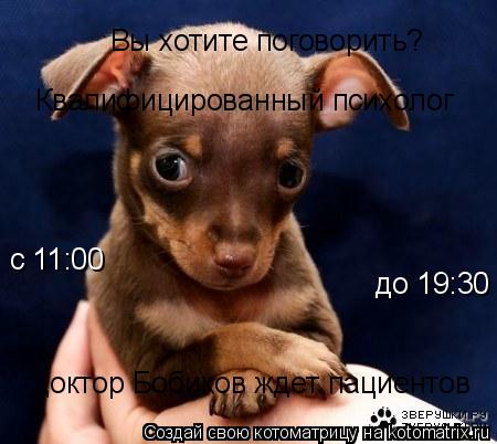 Вы хотите поговорить? Квалифицированный психолог доктор Бобиков ждет пациентов с 11:00 до 19:30... Котоматрица: Вы хотите поговорить? Квалифицированный психолог доктор Бобиков ждет пациентов с 11:00 до 19:30