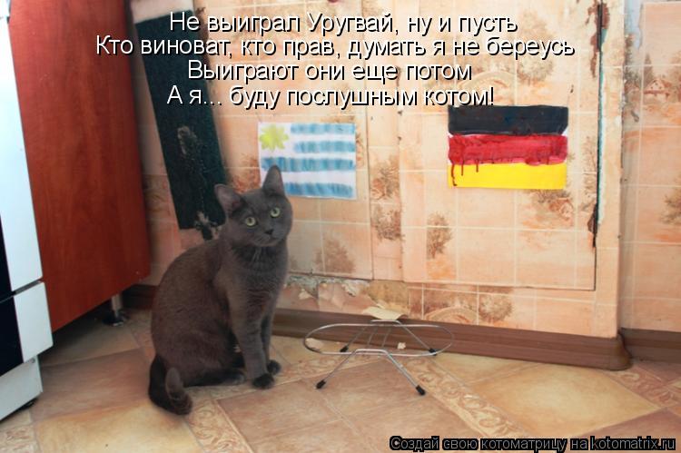 Не выиграл Уругвай, ну и пусть Выиграют они еще потом Кто виноват, кто прав, думать я не береусь А я... Котоматрица: Не выиграл Уругвай, ну и пусть Выиграют они еще потом Кто виноват, кто прав, думать я не береусь А я... буду послушным котом!