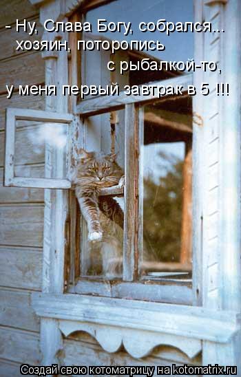 - Ну, Слава Богу, собрался... хозяин, поторопись с рыбалкой-то, у меня первый завтрак в 5 !!!... Котоматрица: - Ну, Слава Богу, собрался... хозяин, поторопись с рыбалкой-то, у меня первый завтрак в 5 !!!