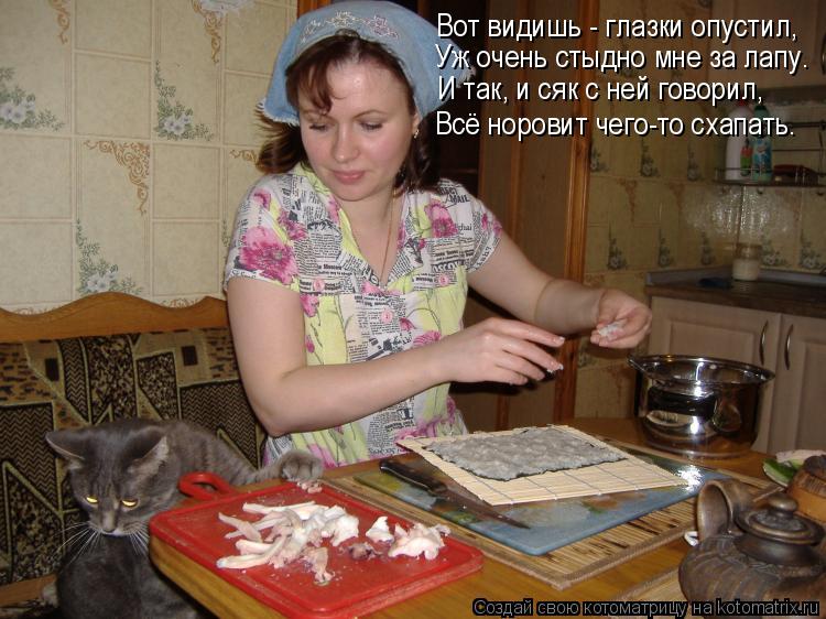 Вот видишь - глазки опустил, Уж очень стыдно мне за лапу. И так, и сяк с ней говорил, Всё норовит чег... Котоматрица: Вот видишь - глазки опустил, Уж очень стыдно мне за лапу. И так, и сяк с ней говорил, Всё норовит чего-то схапать.