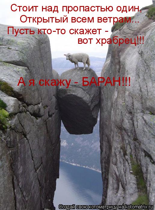 Стоит над пропастью один, Открытый всем ветрам... Пусть кто-то скажет - вот храбрец!!! А я скажу - Б... Котоматрица: Стоит над пропастью один, Открытый всем ветрам... Пусть кто-то скажет - вот храбрец!!! А я скажу - БАРАН!!!