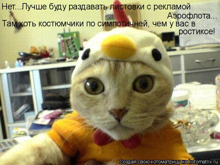 Нет...Лучше буду раздавать листовки с рекламой Аэрофлота... Там хоть костюмчики по симпотичней, чем ... Котоматрица: Нет...Лучше буду раздавать листовки с рекламой Аэрофлота... Там хоть костюмчики по симпотичней, чем у вас в ростиксе!