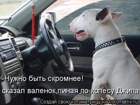 -Нужно быть скромнее! сказал валенок,пиная по колесу Джипа... Котоматрица: -Нужно быть скромнее! сказал валенок,пиная по колесу Джипа