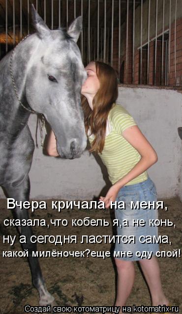 Вчера кричала на меня, Вчера кричала на меня, сказала,что кобель я,а не конь, ну а сегодня ластится с... Котоматрица: Вчера кричала на меня, Вчера кричала на меня, сказала,что кобель я,а не конь, ну а сегодня ластится сама, какой милёночек?еще мне оду спой!