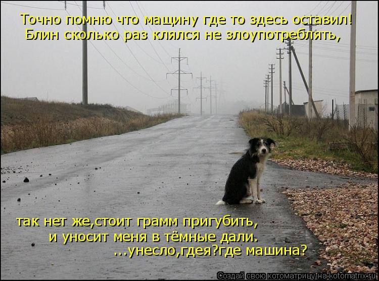 Точно помню что мащину где то здесь оставил! так нет же,стоит грамм пригубить, Блин сколько раз клялс... Котоматрица: Точно помню что мащину где то здесь оставил! так нет же,стоит грамм пригубить, Блин сколько раз клялся не злоупотреблять, и уносит меня в тём