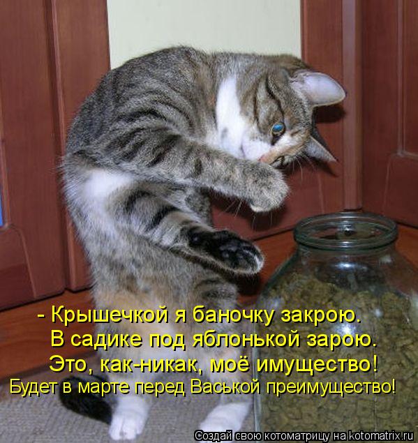 - Крышечкой я баночку закрою. В садике под яблонькой зарою. Будет в марте перед Васькой преимущество!... Котоматрица: - Крышечкой я баночку закрою. В садике под яблонькой зарою. Будет в марте перед Васькой преимущество! Это, как-никак, моё имущество!