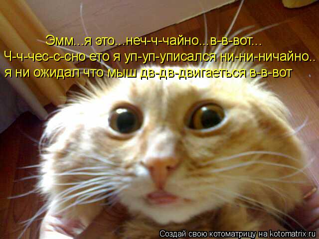 Эмм...я это...неч-ч-чайно...в-в-вот... Ч-ч-чес-с-сно ето я уп-уп-уписался ни-ни-ничайно.. я ни ожидал... Котоматрица: Эмм...я это...неч-ч-чайно...в-в-вот... Ч-ч-чес-с-сно ето я уп-уп-уписался ни-ни-ничайно.. я ни ожидал что мыш дв-дв-двигаеться в-в-вот