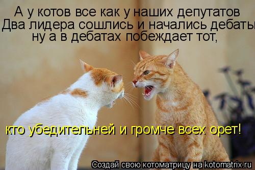 А у котов все как у наших депутатов Два лидера сошлись и начались дебаты ну а в дебатах побеждает тот... Котоматрица: А у котов все как у наших депутатов Два лидера сошлись и начались дебаты ну а в дебатах побеждает тот, кто убедительней и громче всех орет!