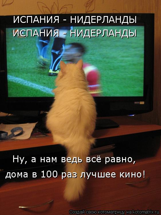 ИСПАНИЯ - НИДЕРЛАНДЫ ИСПАНИЯ - НИДЕРЛАНДЫ Ну, а нам ведь всё равно, дома в 100 раз лучшее кино!... Котоматрица: ИСПАНИЯ - НИДЕРЛАНДЫ ИСПАНИЯ - НИДЕРЛАНДЫ Ну, а нам ведь всё равно, дома в 100 раз лучшее кино!