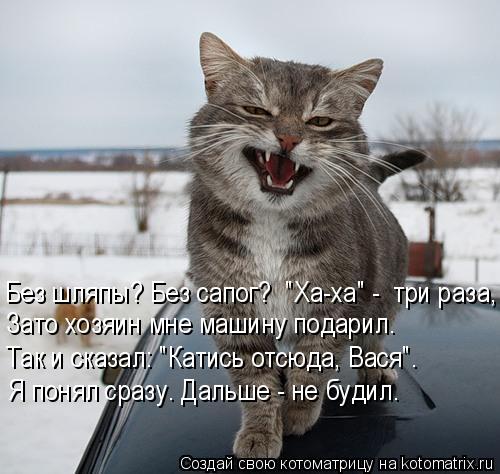 Зато хозяин мне машину подарил. Так и сказал: "Катись отсюда, Вася". Я понял сразу. Дальше - не будил... Котоматрица: Зато хозяин мне машину подарил. Так и сказал: "Катись отсюда, Вася". Я понял сразу. Дальше - не будил. Без шляпы? Без сапог? "Ха-ха" - три раза,