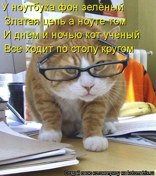 У ноутбука фон зелёный Златая цепь а ноуте том И днём и ночью кот учёный Всё ходит по столу кругом... Котоматрица: У ноутбука фон зелёный Златая цепь а ноуте том И днём и ночью кот учёный Всё ходит по столу кругом