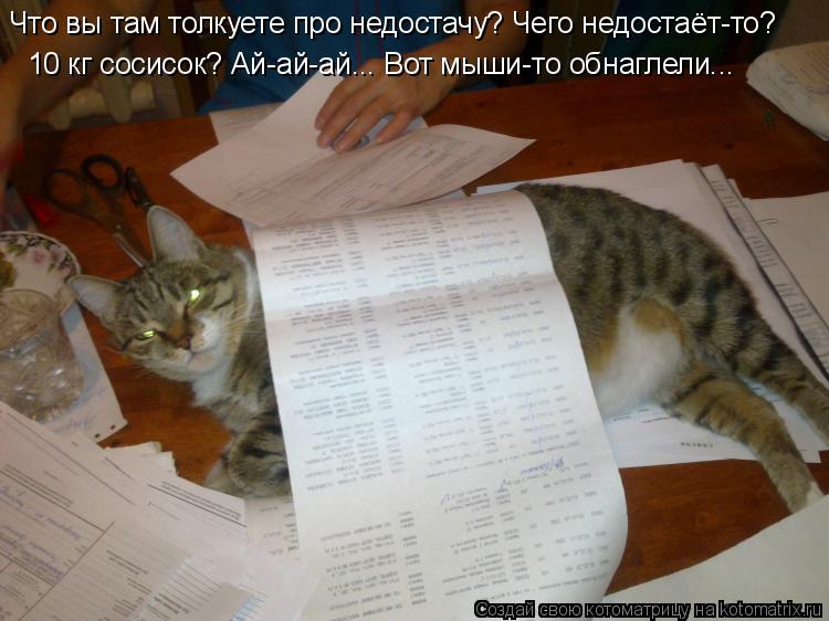 Что вы там толкуете про недостачу? Чего недостаёт-то? 10 кг сосисок? Ай-ай-ай... Вот мыши-то обнаглел... Котоматрица: Что вы там толкуете про недостачу? Чего недостаёт-то? 10 кг сосисок? Ай-ай-ай... Вот мыши-то обнаглели...