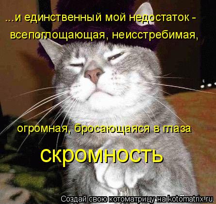 ...и единственный мой недостаток - всепоглощающая, неисстребимая, огромная, бросающаяся в глаза скро... Котоматрица: ...и единственный мой недостаток - всепоглощающая, неисстребимая, огромная, бросающаяся в глаза скромность