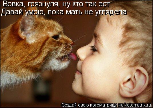Вовка, грязнуля, ну кто так ест Давай умою, пока мать не углядела... Котоматрица: Вовка, грязнуля, ну кто так ест Давай умою, пока мать не углядела