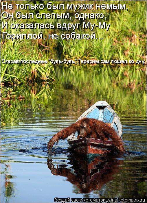 Не только был мужик немым, Он был слепым, однако, И оказалась вдруг Му-Му Гориллой, не собакой... Ска... Котоматрица: Не только был мужик немым, Он был слепым, однако, И оказалась вдруг Му-Му Гориллой, не собакой... Сказав последнее "буль-буль",Герасим сам поше