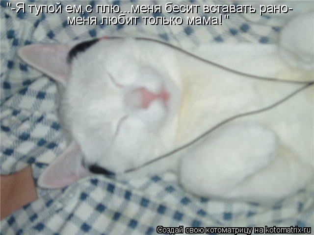 "-Я тупой ем,с плю...меня бесит вставать рано- меня любит только мама! "... Котоматрица: "-Я тупой ем,с плю...меня бесит вставать рано- меня любит только мама! "