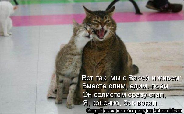 Вот так мы с Васей и живем: Вместе спим, едим, поём. Он солистом сразу стал, Я, конечно, бэк-вокал..... Котоматрица: Вот так мы с Васей и живем: Вместе спим, едим, поём. Он солистом сразу стал, Я, конечно, бэк-вокал...