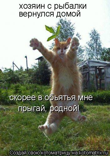 Котоматрица: хозяин с рыбалки вернулся домой скорее в обьятья мне прыгай, родной!