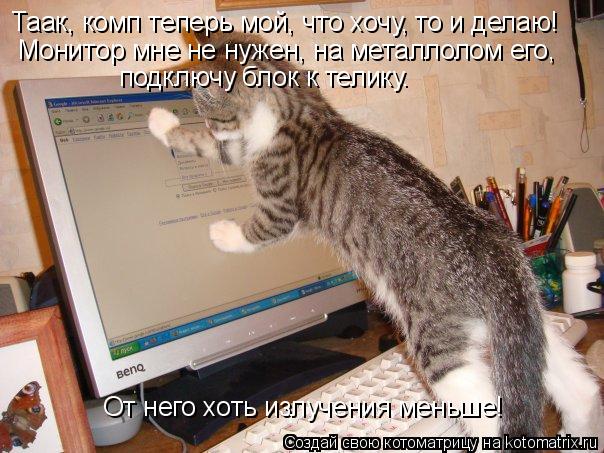 Таак, комп теперь мой, что хочу, то и делаю! Монитор мне не нужен, на металлолом его, подключу блок к... Котоматрица: Таак, комп теперь мой, что хочу, то и делаю! Монитор мне не нужен, на металлолом его, подключу блок к телику. От него хоть излучения меньше!