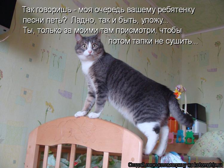 Так говоришь - моя очередь вашему ребятенку песни петь? Ладно, так и быть, уложу... Ты, только за мо... Котоматрица: Так говоришь - моя очередь вашему ребятенку песни петь? Ладно, так и быть, уложу... Ты, только за моими там присмотри, чтобы потом тапки не суш