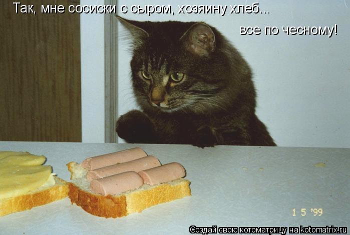 Так, мне сосиски с сыром, хозяину хлеб... все по чесному!... Котоматрица: Так, мне сосиски с сыром, хозяину хлеб... все по чесному!