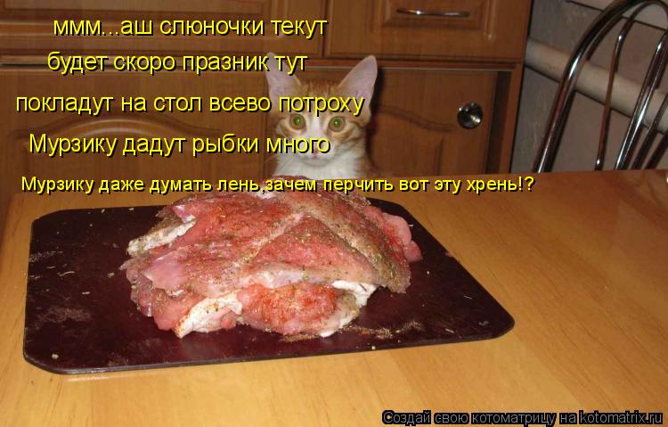 ммм...аш слюночки текут будет скоро празник тут покладут на стол всево потроху Мурзику дадут рыбки мн... Котоматрица: ммм...аш слюночки текут будет скоро празник тут покладут на стол всево потроху Мурзику дадут рыбки много Мурзику даже думать лень,зачем пер