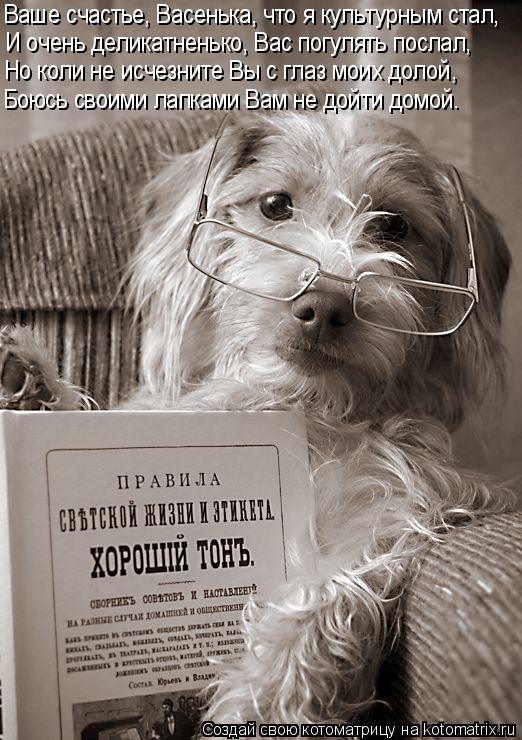 Ваше счастье, Васенька, что я культурным стал, И очень деликатненько, Вас погулять послал, Но коли не... Котоматрица: Ваше счастье, Васенька, что я культурным стал, И очень деликатненько, Вас погулять послал, Но коли не исчезните Вы с глаз моих долой, Боюсь св