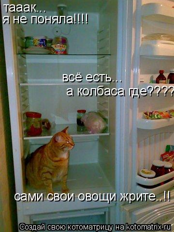 Котоматрица: тааак... я не поняла!!!! всё есть... а колбаса где???? сами свои овощи жрите..!!