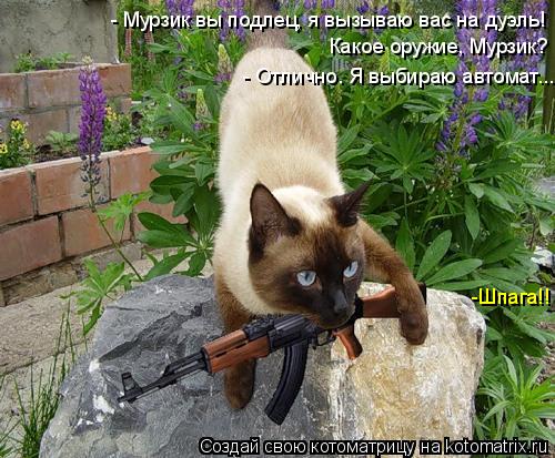 Какое оружие, Мурзик? - Мурзик вы подлец, я вызываю вас на дуэль! -Шпага!! - Отлично. Я выбираю автом... Котоматрица: Какое оружие, Мурзик? - Мурзик вы подлец, я вызываю вас на дуэль! -Шпага!! - Отлично. Я выбираю автомат...