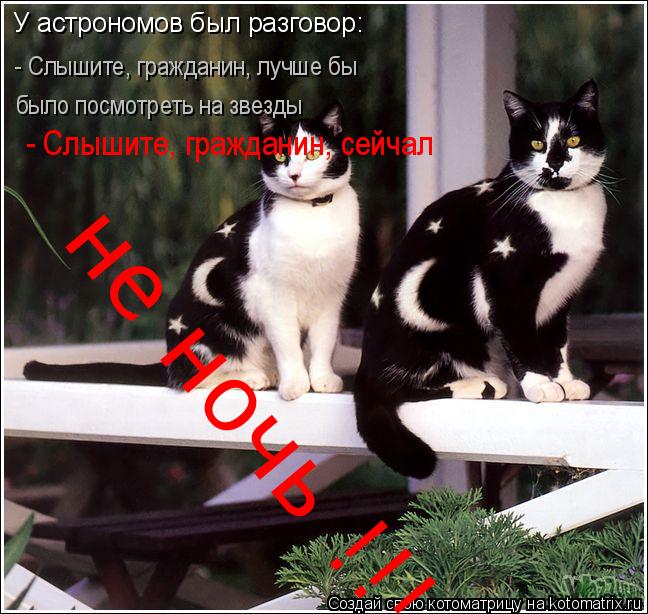 У астрономов был разговор: - Слышите, гражданин, лучше бы было посмотреть на звезды - Слышите, гражд... Котоматрица: У астрономов был разговор: - Слышите, гражданин, лучше бы было посмотреть на звезды - Слышите, гражданин, сейчал не ночь !!!