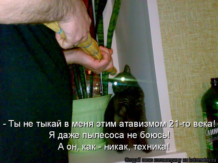 - Ты не тыкай в меня этим атавизмом 21-го века! Я даже пылесоса не боюсь! А он, как - никак, техник... Котоматрица: - Ты не тыкай в меня этим атавизмом 21-го века! Я даже пылесоса не боюсь! А он, как - никак, техника!