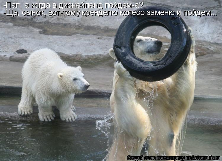 Котоматрица: -Пап, а когда в диснейленд пойдем-а? -Ща, сынок, вот-тому кренделю колесо заменю и пойдем...