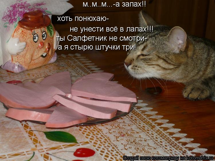 м..м..м...-а запах!! хоть понюхаю- не унести всё в лапах!!! ты Салфетник не смотри- а я стырю штучки ... Котоматрица: м..м..м...-а запах!! хоть понюхаю- не унести всё в лапах!!! ты Салфетник не смотри- а я стырю штучки три!
