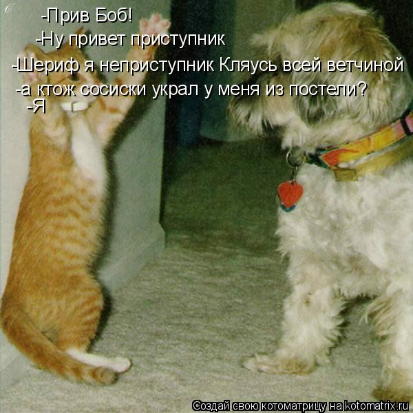 -Прив Боб! -Ну привет приступник -Шериф я неприступник Кляусь всей ветчиной -а ктож сосиски украл у м... Котоматрица: -Прив Боб! -Ну привет приступник -Шериф я неприступник Кляусь всей ветчиной -а ктож сосиски украл у меня из постели? -Я