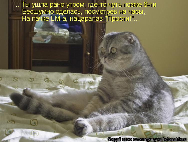 Котоматрица: ...Ты ушла рано утром, где-то чуть позже 6-ти Бесшумно оделась, посмотрев на часы, На пачке LM-а, нацарапав "Прости!"...