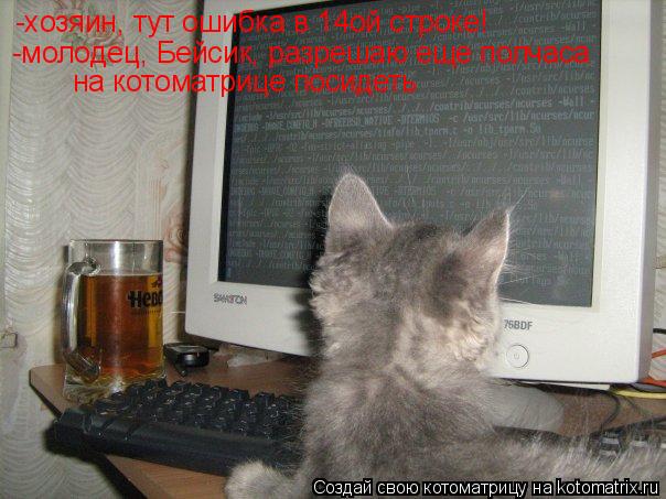 Котоматрица: -хозяин, тут ошибка в 14ой строке! -молодец, Бейсик, разрешаю еще полчаса на котоматрице посидеть