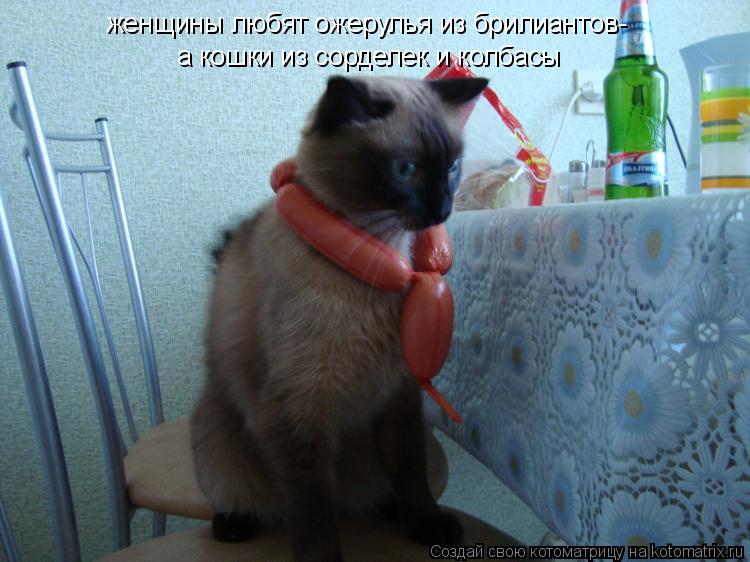 женщины любят ожерулья из брилиантов- женщины любят ожерулья из брилиантов- а кошки из сорделек и кол... Котоматрица: женщины любят ожерулья из брилиантов- женщины любят ожерулья из брилиантов- а кошки из сорделек и колбасы