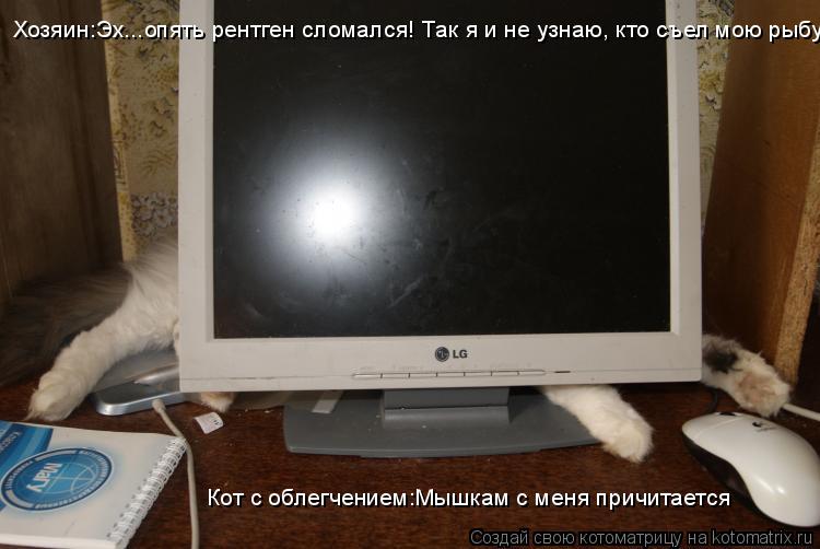 Хозяин:Эх...опять рентген сломался! Так я и не узнаю, кто съел мою рыбу! Кот с облегчением:Мышкам с м... Котоматрица: Хозяин:Эх...опять рентген сломался! Так я и не узнаю, кто съел мою рыбу! Кот с облегчением:Мышкам с меня причитается